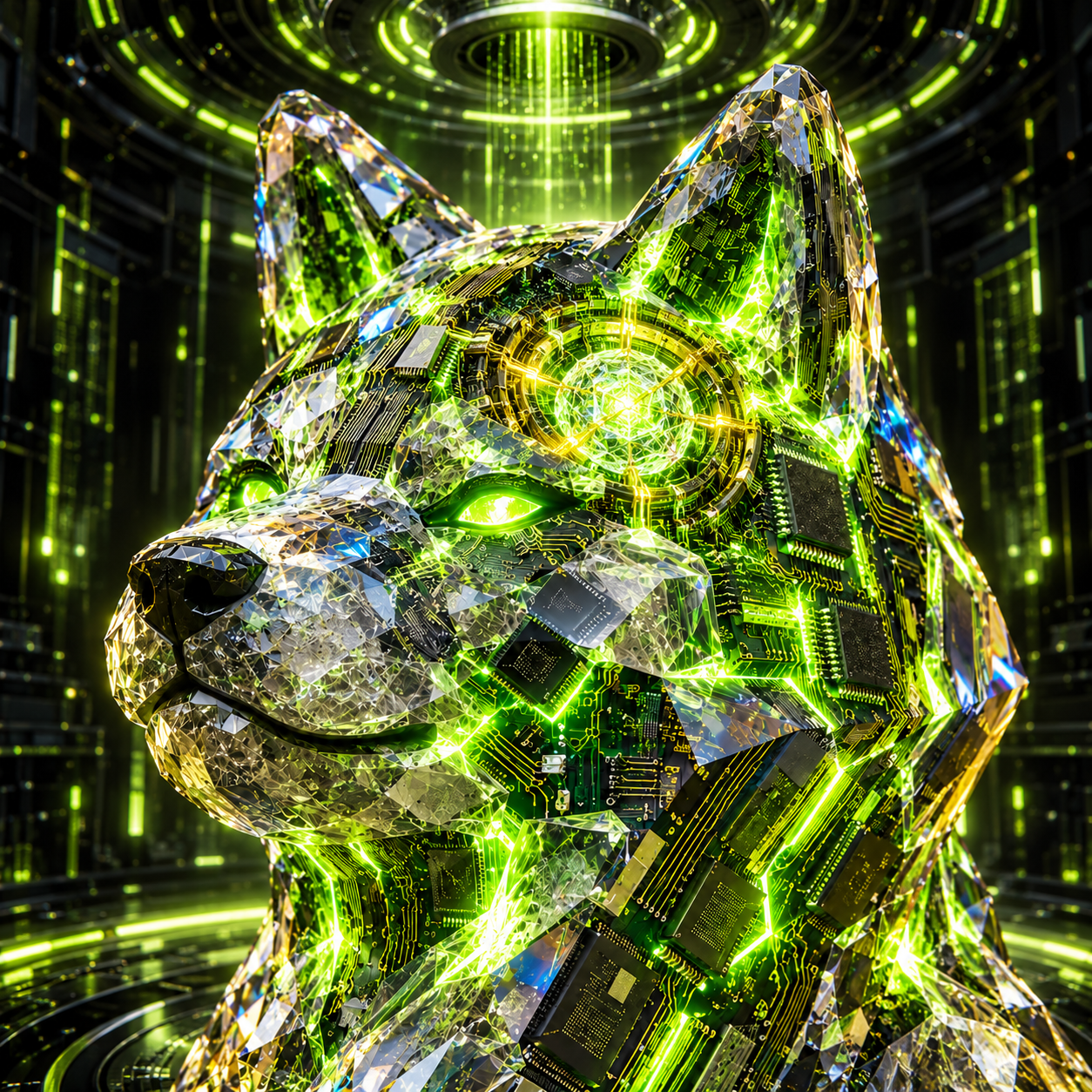Close view of Silicon Inu's luminous neural core